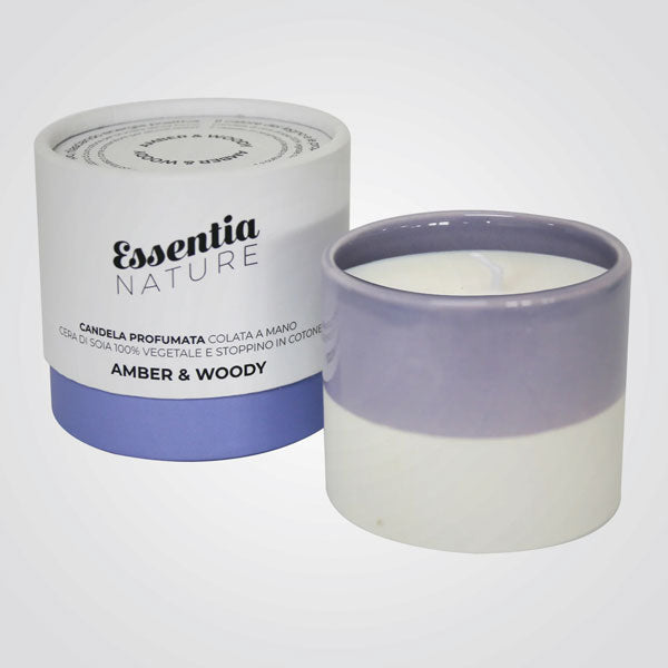 Candela in Ceramica LILLA/BIANCA profumo Amber & Woody