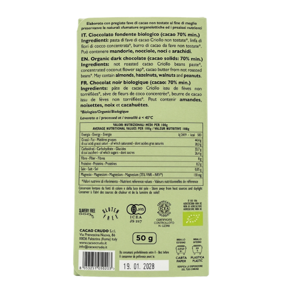 Cioccolato Fondente Bio 70% Puro 50g - Cacao Crudo