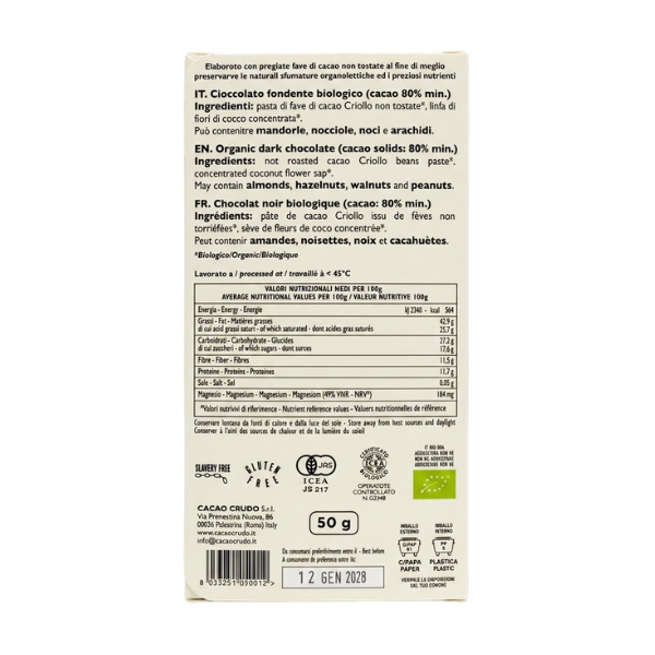 Chocolat Noir Bio 80% Pur 50g - Cacao Crudo