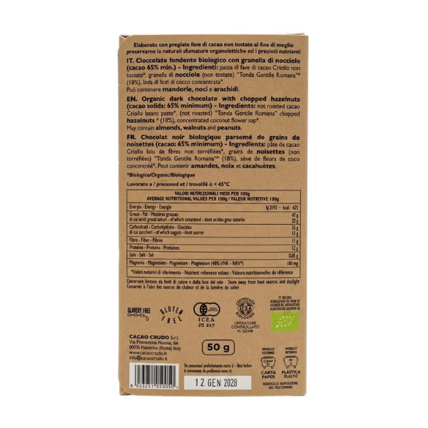 Chocolat Noir Bio 65% Éclats de Noisettes 50g - Cacao Crudo