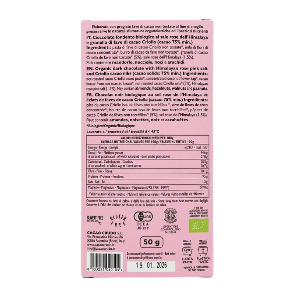 Cioccolato Fondente Bio 75% Sale Rosa dell'Himalaya 50g - Cacao Crudo