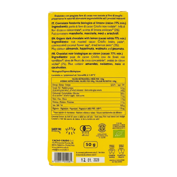 Organic Dark Chocolate 77% Lemon Zest 50g - Raw Cacao